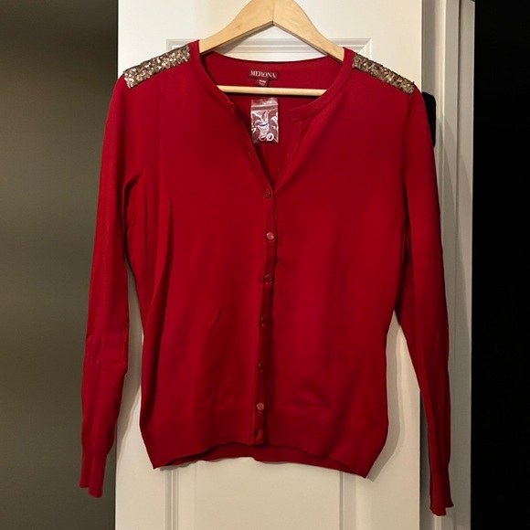 NWOT Red Cardigan Sweater with Bronze Sequin Shoulder Detail - Picture 1 of 3